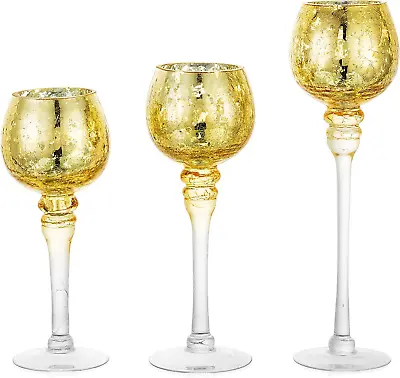 Buy Long Stem Glass Candle Holder - Set Of 3 Tall Tea Lights Candle Holders, Gold Cr • 49.30£