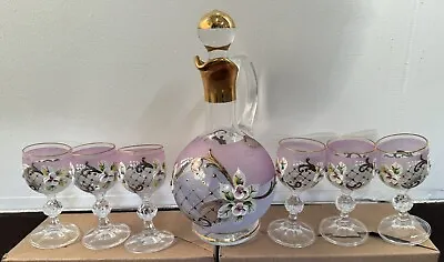 Buy Bohemia Crystal Cordial Liquor Glasses & Decanter Raised Enameled Hand Painted • 81.52£