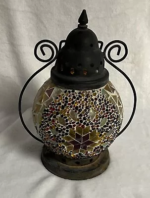 Buy Amber Mosaic Glass Garden Patio Candle Holder Lantern With Handle 12  • 24.13£