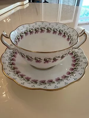 Buy Tea Cup And Saucer Crescent George Jones & Sons Double Handled Purple Floral • 26.50£