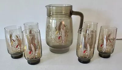 Buy Rare - Vintage Harvest Ware Smoked Glass Jug And Set Of 6 Glasses • 35£