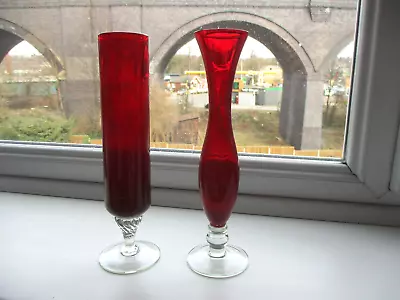 Buy Vintage Retro Mid Century -1960’s 70's - A PAIR OF RUBY RED STEMMED GLASS VASES • 4.50£