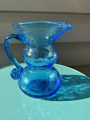 Buy Vintage Hand Blown Bright Blue Crackle Small Art Glass Pitcher Scroll Handle 5” • 17.36£