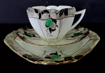 Buy Art Deco Vintage China Tea Set Trio.Shelley Queen Anne  Green Damson.11625. VGC. • 59.95£