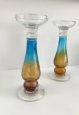 Buy Lustrous Aqua And Amber Blend 13  Pillar Crackle Glass Candle Holder Heavy Decor • 56.81£