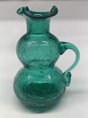 Buy Vintage  Kanawha Tall Crackle Glass Teal Pitcher Applied Handle Unique Shape • 14.18£