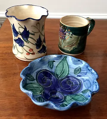 Buy 3 Crail Studio Pottery Scotland Thistle Design Mug+Floral Design Vase+Bowl • 24.99£