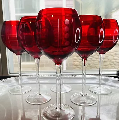 Buy Pier 1 Ruby Red Balloon Wine Glass Cut To Clear Dot Line Swirl Set Of 6 • 56.99£