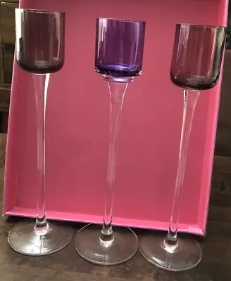 Buy Candle Stick Holders 3 Two  Have Smokey Tint Bowls 1 Has Lilac Flash Glass Bowl • 19.99£
