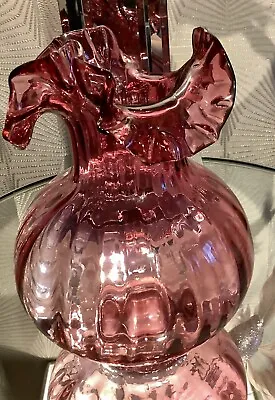 Buy Vintage Handblown Cranberry Glass Vase With Ruffled/Frilled Rim Vase Optic Rib • 30£
