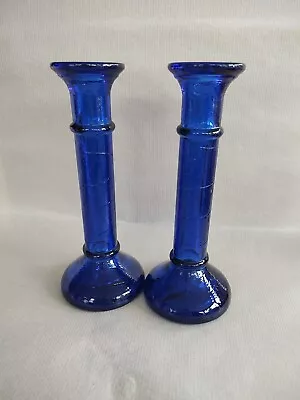 Buy Pair Of Spanish Recycled Cobalt Blue Glass Candle Sticks 8” • 14£