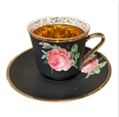 Buy Vintage KUNST Black Satin Porcelain And Gold Cabbage Rose Demitasse CUP & SAUCER • 48.26£
