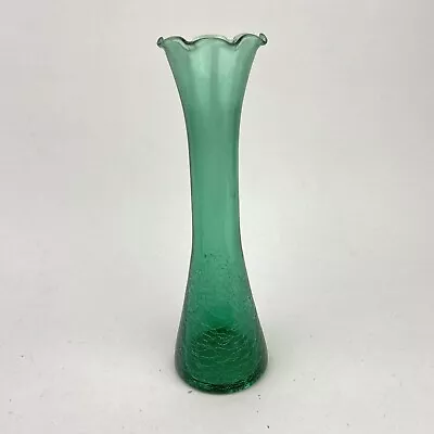 Buy Vintage Green Hand Blown Crackle Smooth Glass Vase 7 3/4  Tall Ruffled Edge Top • 17.91£