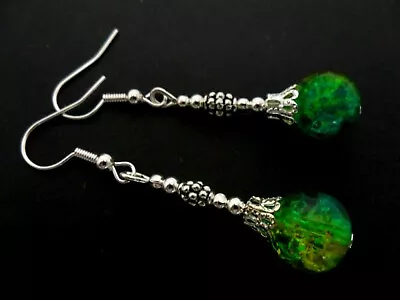 Buy A Pair Of Blue/green  Crackle Glass Bead  Dangly Earrings. New. • 2.99£