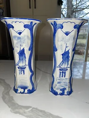 Buy Matching Vintage 8.5” Delft Ware Vases W/ Sailboats  • 42.89£