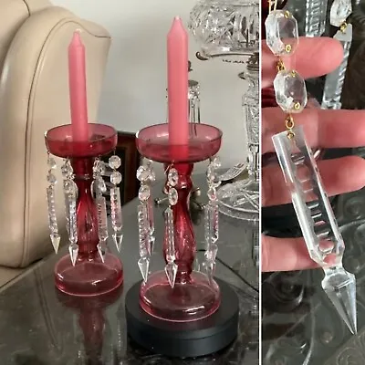 Buy 👀1 Rare Pair 8” Antique Victorian Bohemian Crystal Glass Ruby Mantle Lusters • 250£