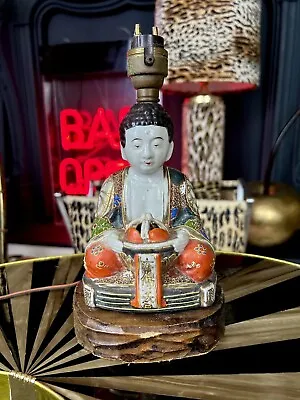 Buy Vintage Buddha Lamp, Japanese Satsuma Moriage Wood Base 8.5” • 40£