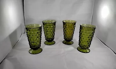 Buy 4 Vtg Indiana Glass Whitehall Avocado Green Cubist Tumblers Footed 6” Glasses • 33.01£