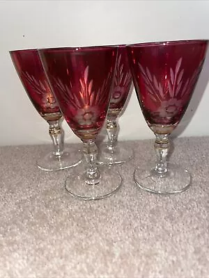 Buy Vintage Cranberry Etched Glasses Set Of 4 Gold Trim • 18£