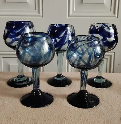 Buy Set Of 5 - Mexican Hand Blown Cobalt Blue Swirl Stem Glassware  • 118.74£