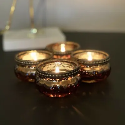 Buy Set Of 4 Ribbed Metal Rim Vintage Glass Tealight Candle Holders Wedding Bronze • 16.95£