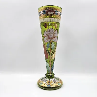 Buy Vintage Green Glass Bohemian Czech Trumpet Vase Hand Painted Florals Gold 9.5  • 56.76£