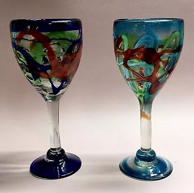 Buy 2 Studio Art Bejines Goblets Aqua Turquoise Red Cobalt Swirl Hand Blown Glasses • 56.81£