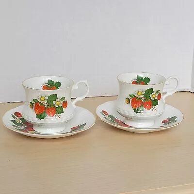 Buy Queen's Staffordshire Fine Bone China England Strawberry Tea Cups And Saucers • 26.84£