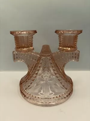 Buy 1-  Vintage Federal Glass Stars & Bars PINK Glass Double Candle Holders 4 1/2” • 14.38£