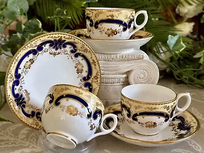 Buy Antique Minton (?)  Teacups  & Saucers Cobalt; Lemon; Gold Gilded Roses X Three • 75£