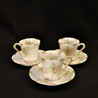 Buy Limoges Theodore Haviland 3 Cups & Saucers Demi Chocolate Pink W/Gold 1903-1925 • 98.77£