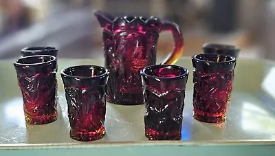 Buy Vintage 7 Piece Ruby Red Glass Peacock Child Mini Pitcher And Tumbler Set • 36.59£