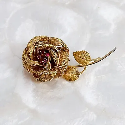 Buy Vintage Gold Tone Wire Rose Red Rhinestone Floral Long Stem Brooch 3 1/4” • 24.32£