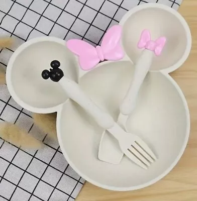 Buy Minnie Mouse 3 Compartment Bowl, Spoon And Fork Dinner Set - Beige, Pink & Black • 10.99£