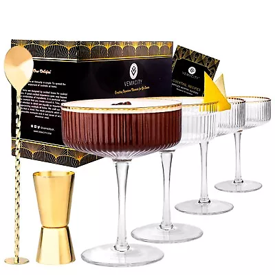 Buy VEMACITY Ribbed Coupe Glasses Set Of 4 With Gold Rims, Bar Spoon & Jigger | 10oz • 47.99£