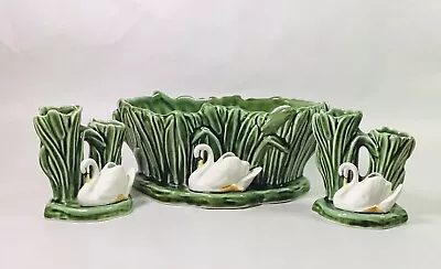 Buy Mid Century Sylvac Green With Swan Mantle 3 Vase Set 4394 & 4393 Original Insert • 35£