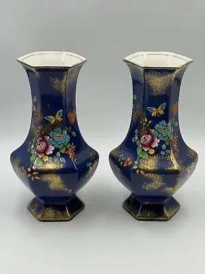 Buy Falcon Ware J H W & Sons Ceramic Vases 23cm Cobalt Blue Floral Design One Pair • 49.50£