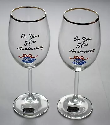 Buy Pair Of 50th / Golden Wedding Anniversary Bohemia / Czech Crystal Wine Glasses • 7.99£