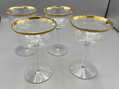 Buy Tiffin ? Needle Etch Optic Panels Gold Rimmed Champagne Sherbet Glasses Set Of 4 • 34.11£