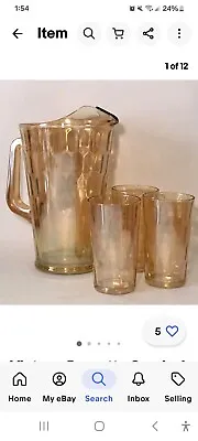 Buy Vintage Jeanette Marigold Carnival Glass Large Pitcher W/4 Pieces. • 47.44£