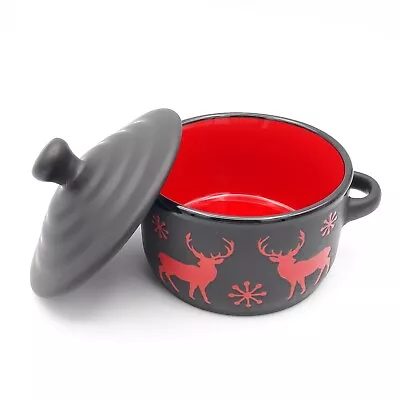Buy Black Red Reindeer Stoneware Dish With Lid  Handle Small Serving Cooking Pot  • 16£
