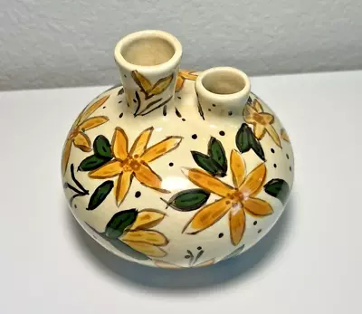 Buy Vintage Art Pottery Double Bud Vase Floral Signed Yellow Glazed Hand Painted • 14.39£