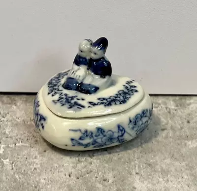Buy Vintage Lidded Trinket Box Dish Blue Dutch Pottery Boy & Girl Finial Delft Style • 10.80£