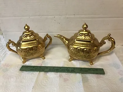 Buy Vtg Cauldon Ware Brown Westhead Moore Heavily Gilt Gold Teapot & Covered Bowl • 95.58£