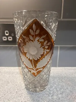 Buy Vintage Amber / Orange And Clear Crystal Vase Etched Cut Glass Bohemian • 11.50£