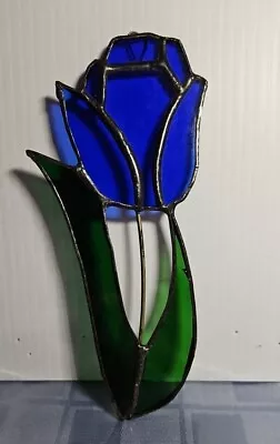 Buy Vintage Stained Leaded Glass Tulip Suncatcher  Blue Tulip Green Leaves Handmade • 16.30£