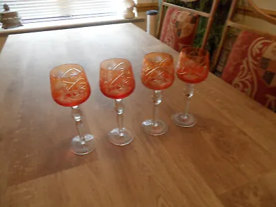 Buy 4 Vintage Orange Colour Crystal Glass Bohemian Wine Glasses • 23.99£