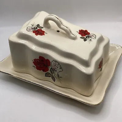 Buy Vintage Romanian Ceramic Butter/Cheese Dish Red Rose Transfer Ware Kitschy Retro • 15£
