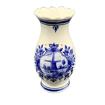 Buy Delfts Blue Delfino Hand Painted Bud Vase  Holland Windmill Flowers Scalloped • 14.37£
