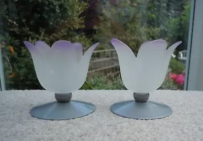 Buy Pair Frosted Glass Lotus Tealight Holders With Purple On Brushed Steel Feet • 7.50£